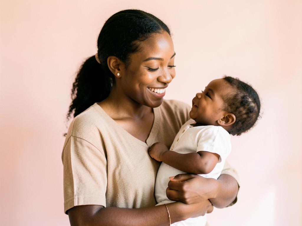 A young Black mother smiling as she holds her baby girl