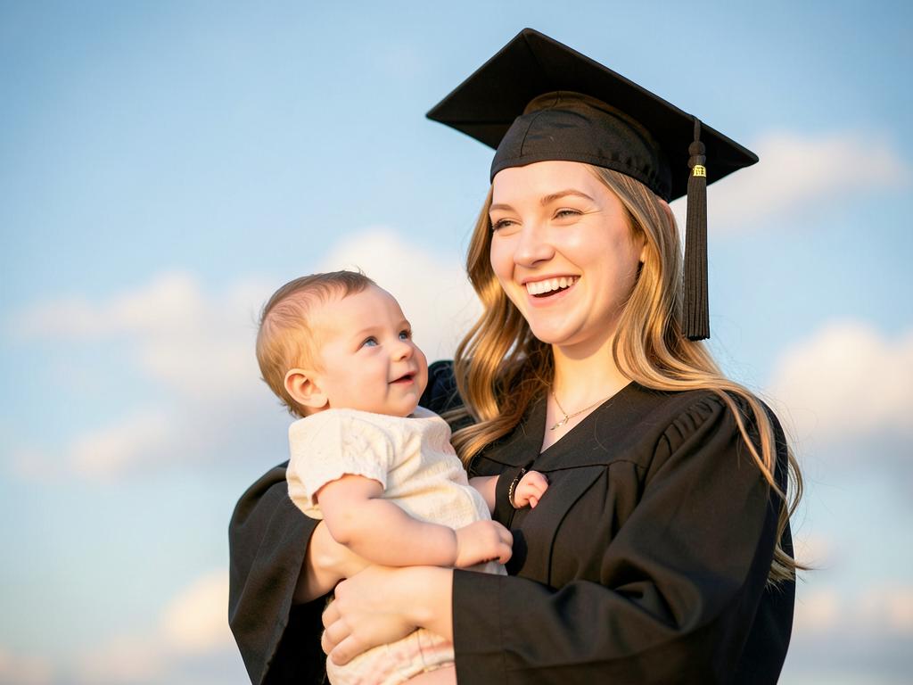 A young mother in a graduation cap and gown holding her baby